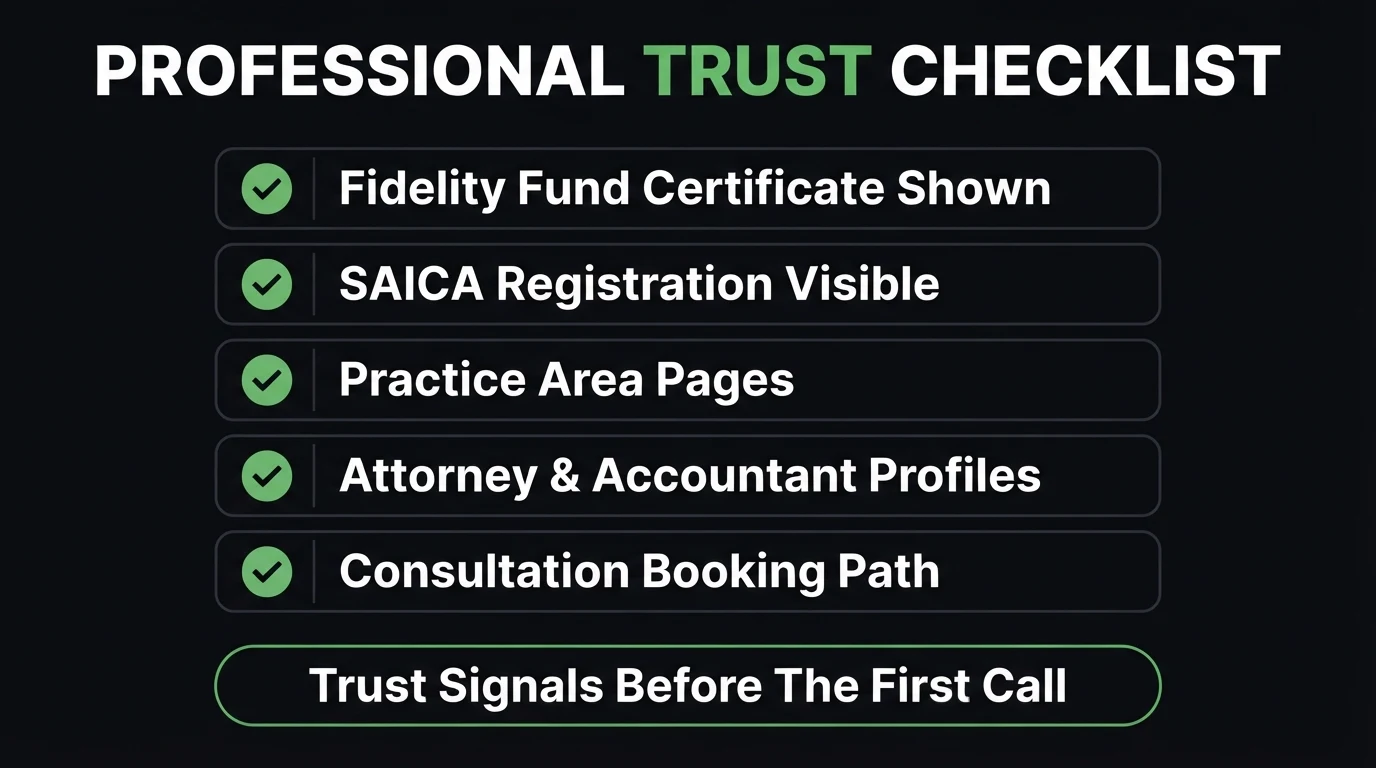 Professional trust checklist for law firm and accounting websites — Fidelity Fund Certificate shown, SAICA registration visible, practice area pages, attorney and accountant profiles, consultation booking path